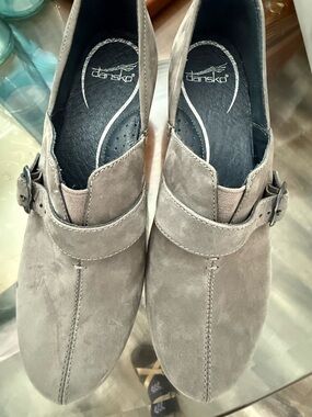 Dansko Taupe Suede Slip-On Loafers with Buckle Detail 40